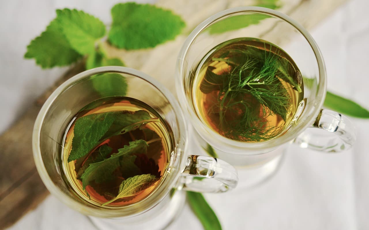 A glass cup of herbal tea with fresh mint and fennel leaves on a light wooden table in soft daylight