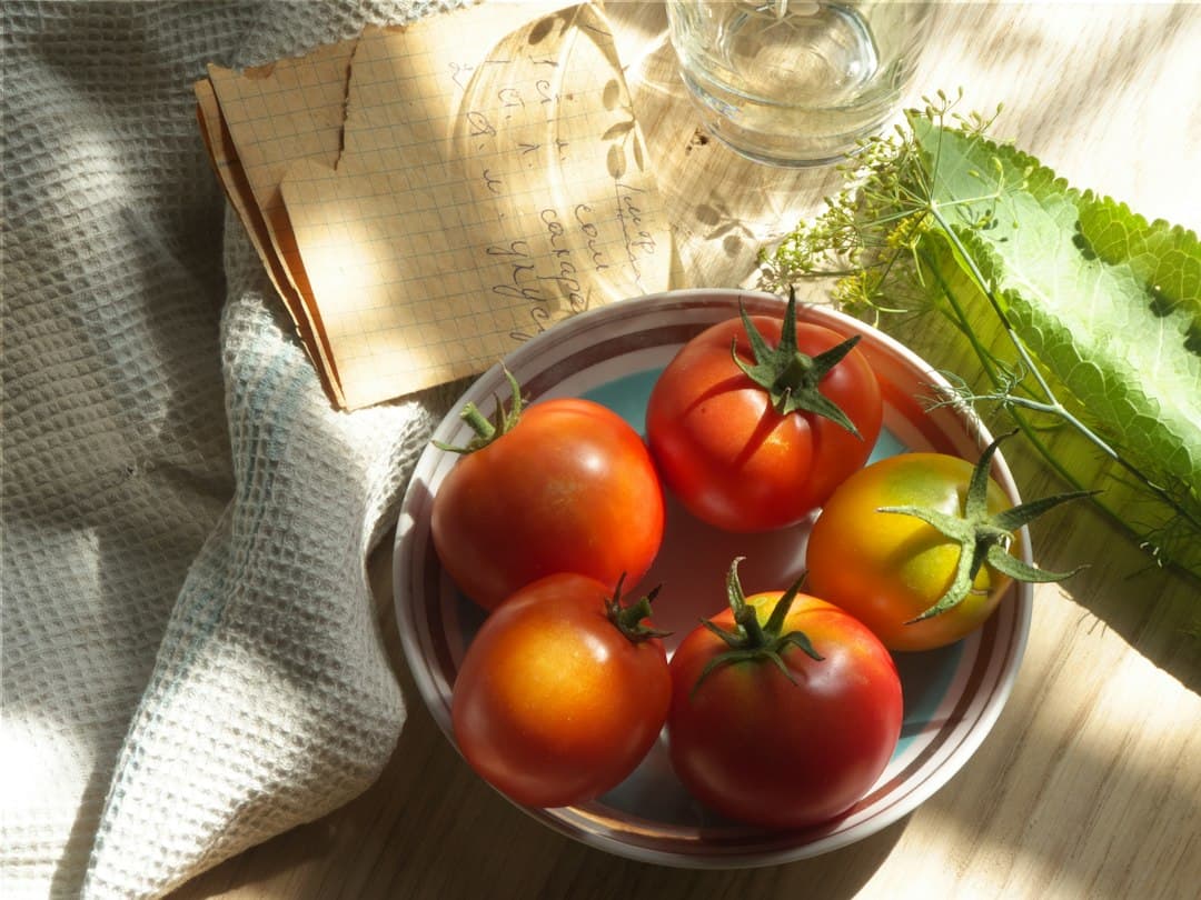 A bowl of ripe tomatoes in warm sunlight beside a sprig of dill, a glass of water, and a handwritten note