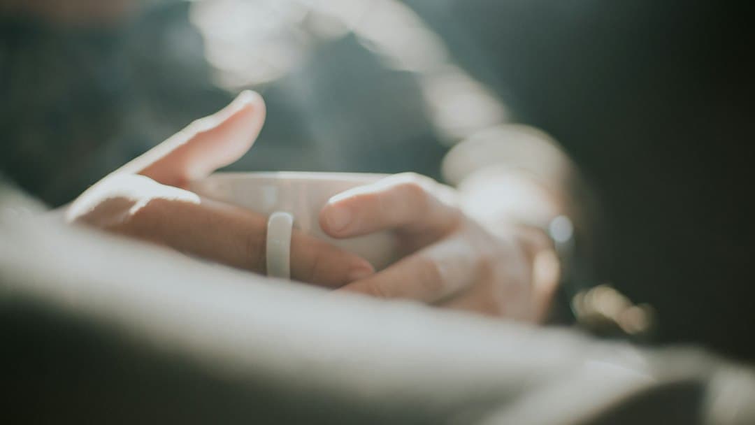 Close-up of a person's hands holding a white mug, with soft focus behind