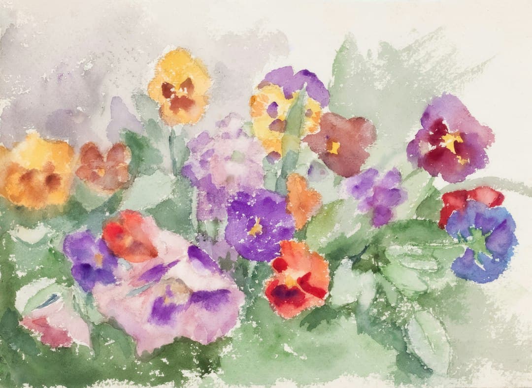 Watercolor painting of colorful pansies with green foliage, Violets by Maria Wiik