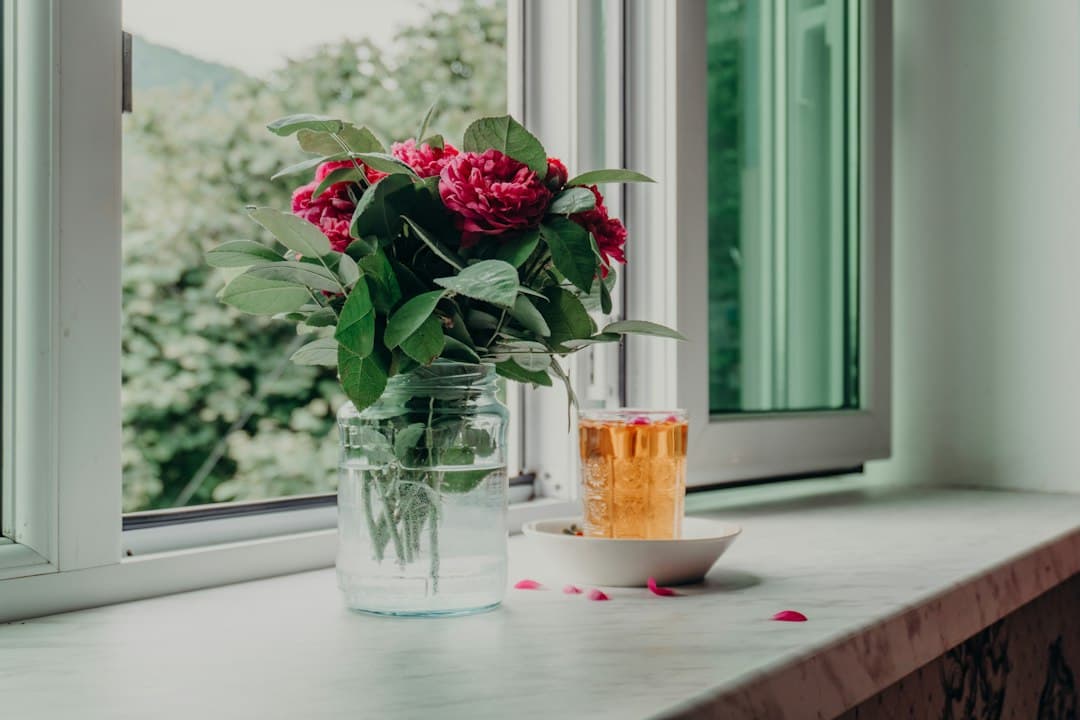 Pink flowers and a drink on a sunny windowsill
