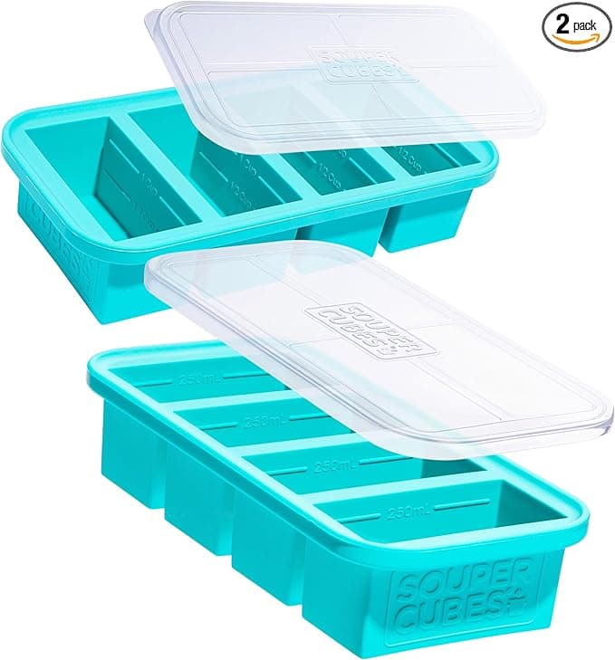 Two aqua silicone freezer trays with lids, each divided into one-cup wells